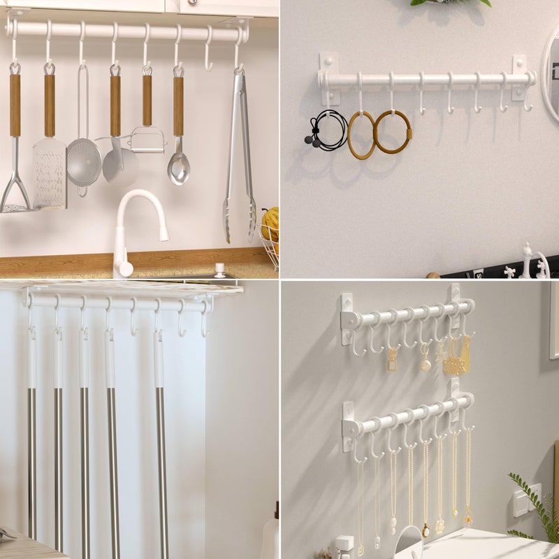 Dseap Kitchen Utensil Holder Hanger, Pot and Pan Rack Wall Mount, Kitchen Rail with 8 Hooks for Hanging Cooking Utensils, Mugs, Spoons, Wall Mounted, Stainless Steel, White - Image 4
